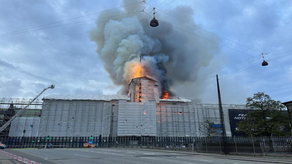 PHOTO: Smoke billows during a fire at the Old Stock Exchange, Boersen, in Copenhagen (Tom Little/Reuters)