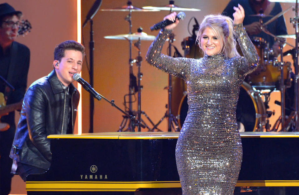 Charlie Puth and Meghan Trainor perform onstage during the 2015 American Music Awards at Microsoft Theater on November 22, 2015 in Los Angeles.