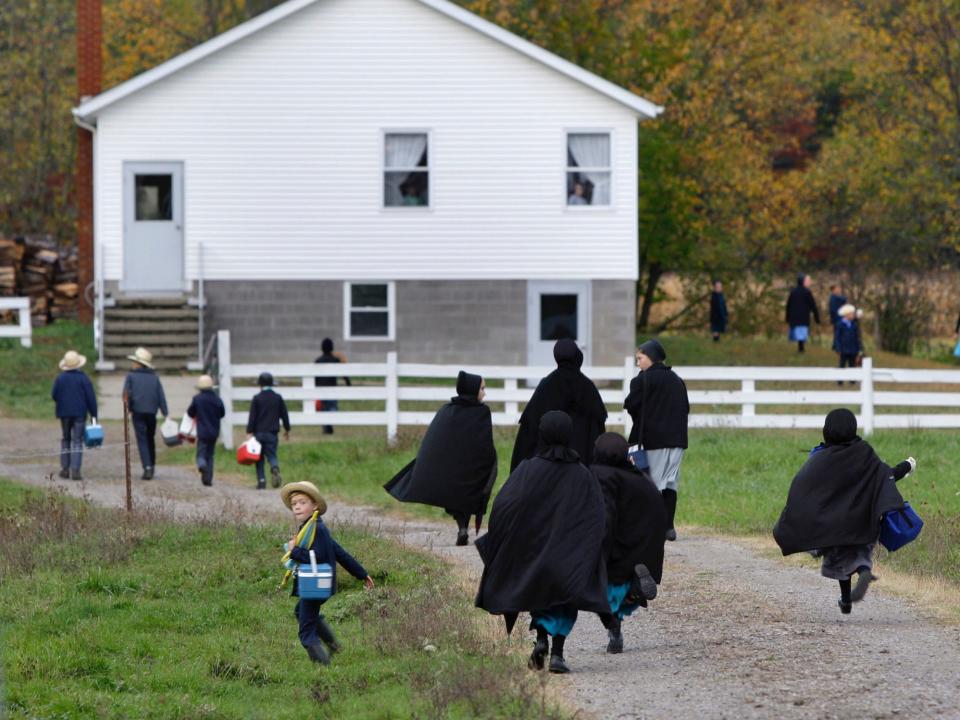 Amish children head to classes.