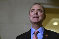 House Intelligence Committee Chairman Adam Schiff, D-Calif., talks with reporters on Capitol Hill in Washington, Wednesday, Nov. 6, 2019, about the House impeachment inquiry. (AP Photo/Susan Walsh)