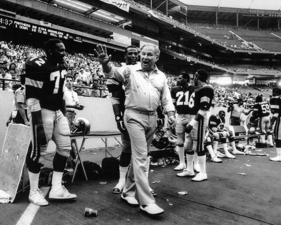 A. Alfred Taubman, co-owner of the Michigan Panthers, on the sidelines in 1983 at the Pontiac Silverdome. 