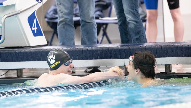 Sky View’s Peter Gibbons celebrates after winning the men’s 50-yard freestyle during the 4A high school state swim finals at the Stephen L. Richards Building in Provo on Saturday, Feb. 11, 2023.