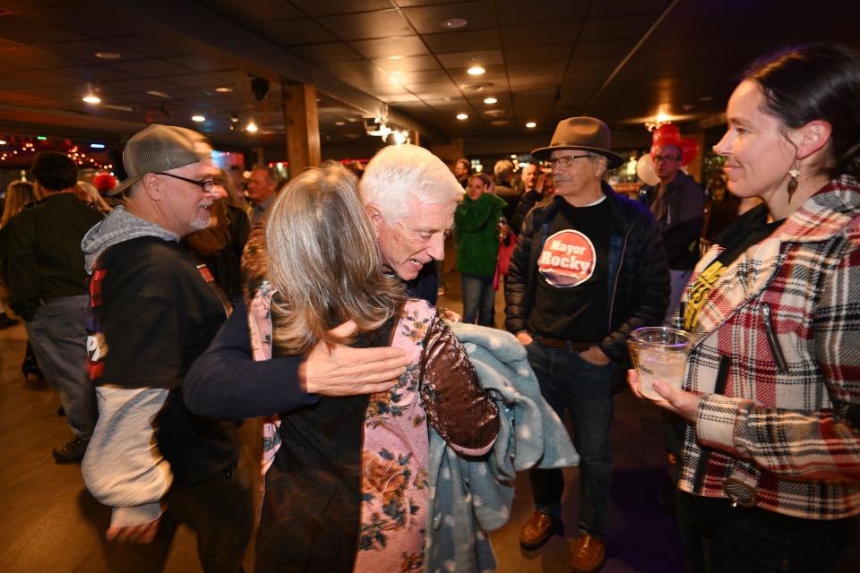 Rocky Anderson shakes hands and hugs his supporters after speaking to the group at a watch party in Salt Lake City on Tuesday, Nov. 21, 2023. | Scott G Winterton, Deseret News