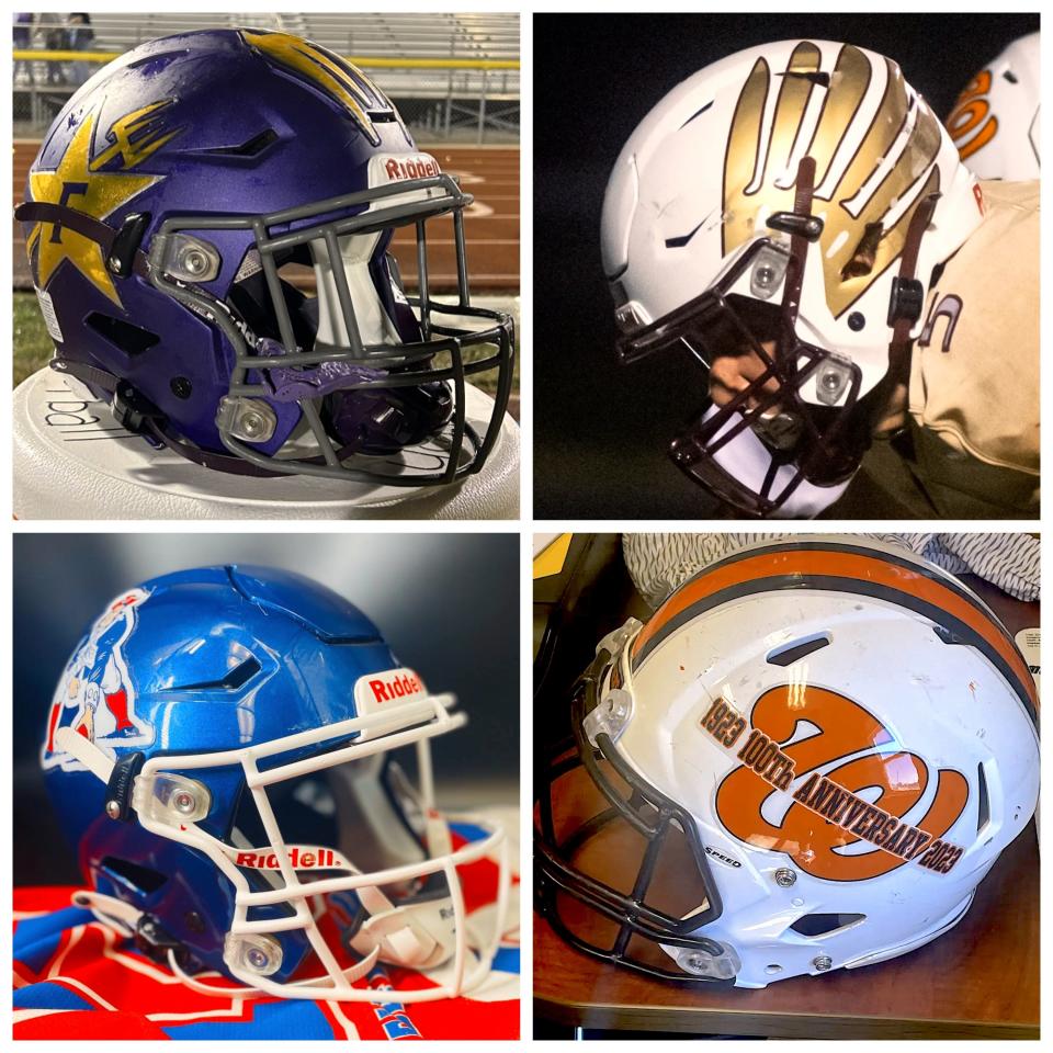 The four high school football helmets in the finals for the top among Peoria-area schools: Farmington Farmers, Dunlap Eagles, Peoria Heights Patriots and Washington Panthers.