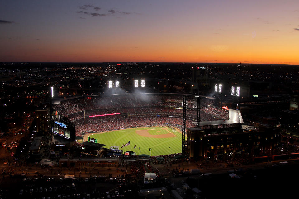 ST LOUIS, MO - OCTOBER 20: A general view of Busch Stadium after sunset prior to Game Two of the MLB World Series between the Texas Rangers and the St. Louis Cardinals at Busch Stadium on October 20, 2011 in St Louis, Missouri. (Photo by Doug Pensinger/Getty Images)