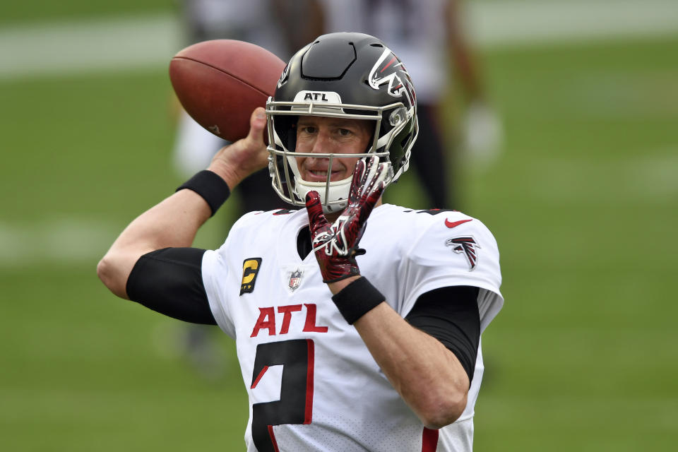 FILE - Atlanta Falcons quarterback Matt Ryan (2) throws a pass before an NFL football game against the Tampa Bay Buccaneers in Tampa, Fla., in this Sunday, Jan. 3, 2021, file photo. One day after celebrating his 36th birthday, Falcons quarterback Matt Ryan doesn't agree with the notion his career is nearing its end. "It's not that limited," Ryan said Tuesday, May 18, 2021. (AP Photo/Jason Behnken, File)