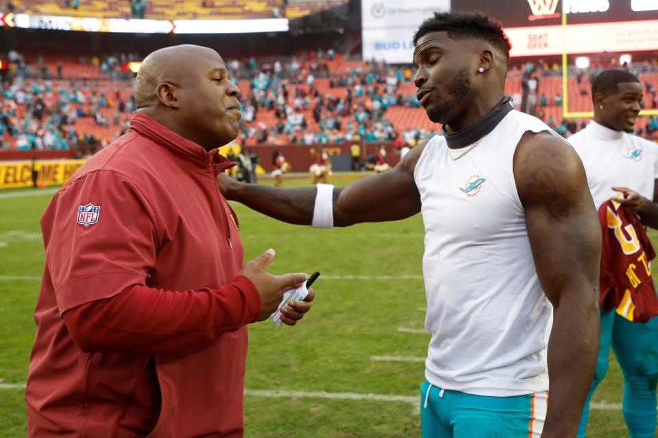 Dolphins receiver Tyreek Hill must have been asking Commanders offensive coordinator Eric Bieniemy what the Washington coaching staff was thinking letting their defensive backs cover him 1-on-1.