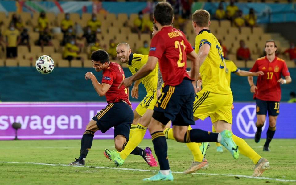 Moreno heads straight at Olsen in the Sweden goal as another chance goes begging for Spain - REUTERS