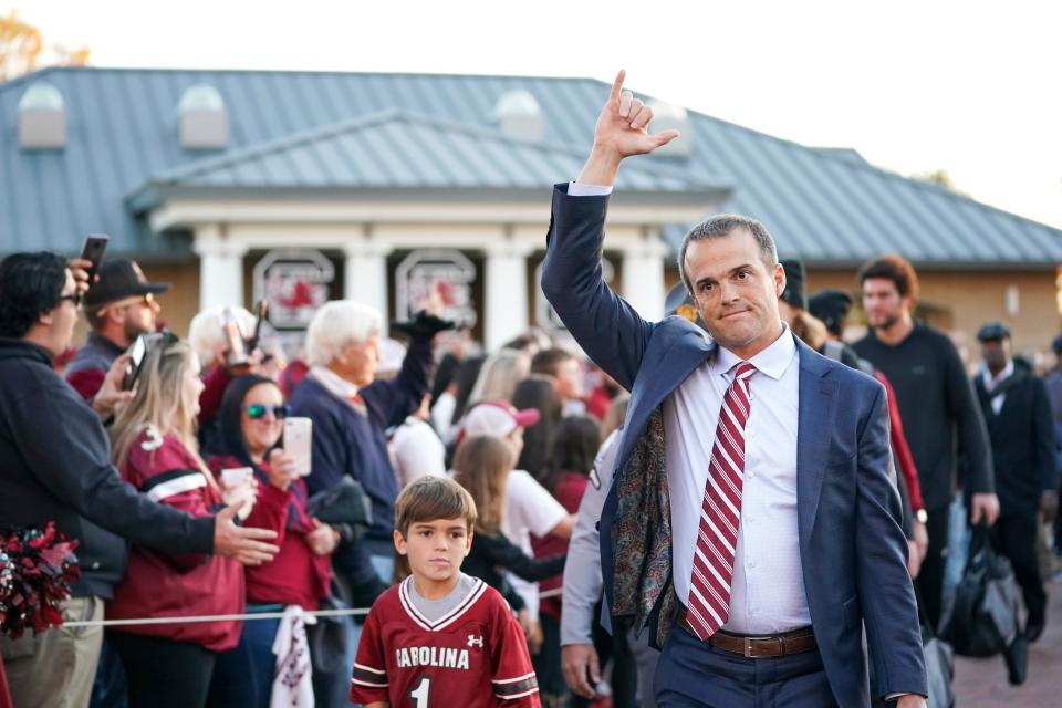 South Carolina head coach Shane Beamer greets fans on Nov. 20 at Williams-Brice Stadium.