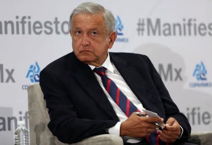 Leftist front-runner Andres Manuel Lopez Obrador of the National Regeneration Movement (MORENA) attends an event organised by Mexican Employers' Confederation (COPARMEX) in Mexico City, Mexico May 17, 2018. REUTERS/Gustavo Graf