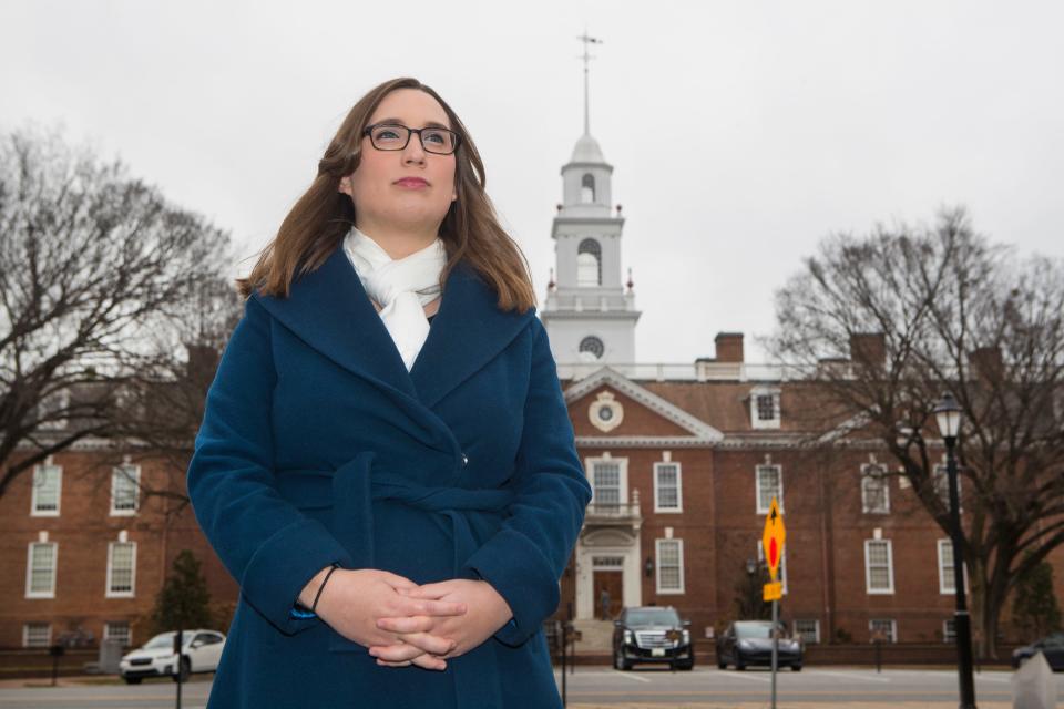 State Senator-Elect Sarah McBride stands for a portrait in front of Legislative Hall in Dover, Del. Monday, Jan, 11, 2021. McBride will be sworn into office Tuesday, Jan. 12.