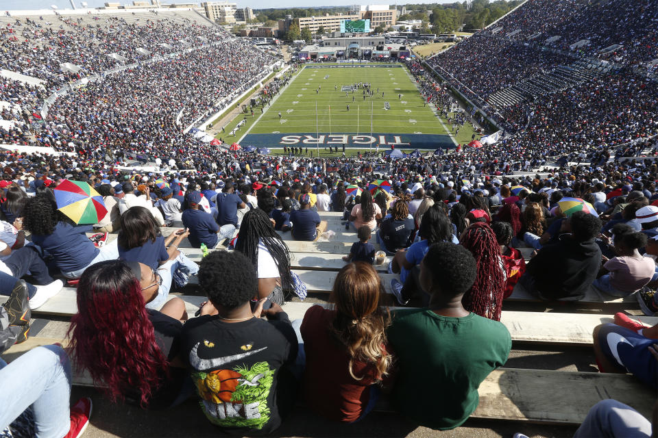 JACKSON, MS - OCTOBER 22: An elevated general view of the spectators and field during the Jackson State Tigers and Campbell Fighting Camels NCAA Division I Football Championship Subdivision game at Mississippi Veterans Memorial Stadium on October 21, 2022 in Jackson, Mississippi .  (Photo by Aron Smith/Jackson State University via Getty Images)