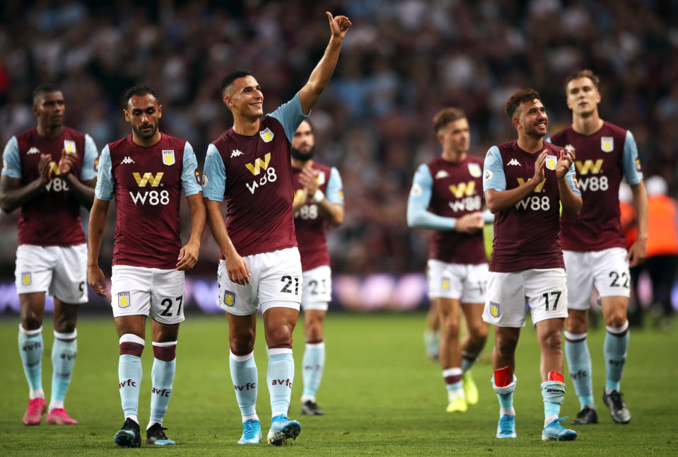 Aston Villa's Anwar El Ghazi (centre left) and team-mates celebrates victory after the Premier League match at Villa Park, Birmingham. (Photo by Nick Potts/PA Images via Getty Images)