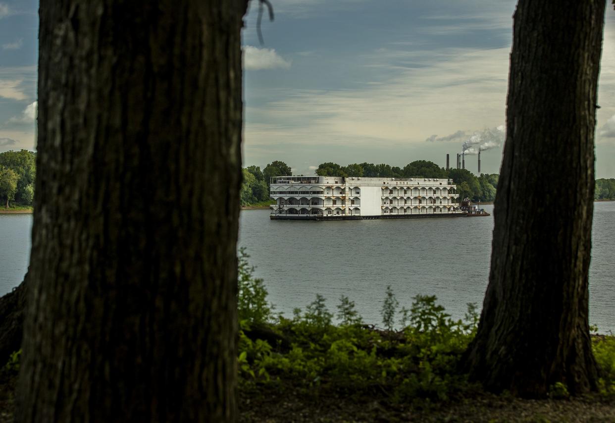 The 450-foot Caesars' Glory of Rome riverboat casino sailed down the Ohio River near West Point Tuesday morning, charting a course to it's new location. Tuesday, Aug. 11, 2020