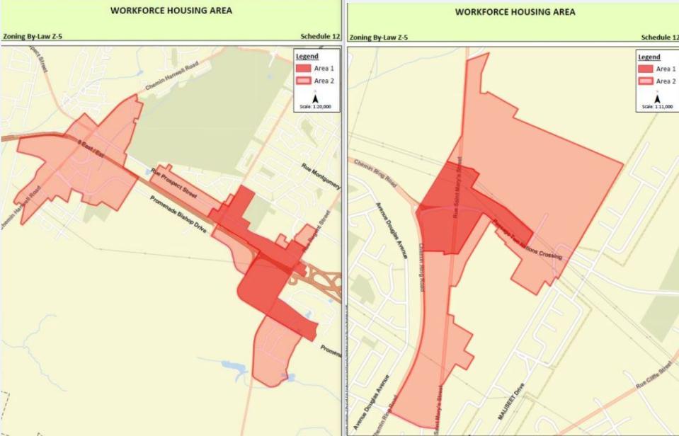 The proposal would allow workforce housing in two sections of the city around Bishop Drive and Prospect Street, left, and St. Mary's Street and Two Nations Crossing.