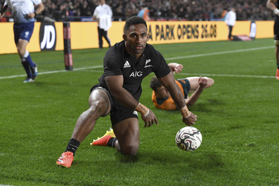 New Zealand's Sevu Reece scores a try against Australia during their Bledisloe Cup rugby union test match at Eden Park in Auckland, New Zealand, Saturday, Aug. 7, 2021. (Jeremy Ward/Photosport via AP)