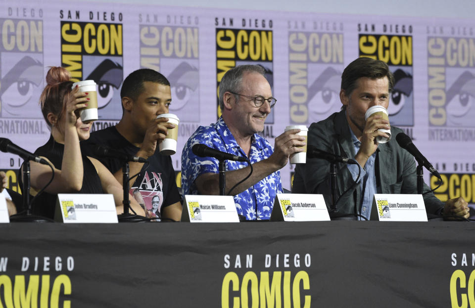 Maisie Williams, from left, Jacob Anderson, Liam Cunningham and Nikolaj Coster-Waldau appear at the "Game of Thrones" panel on day two of Comic-Con International on Friday, July 19, 2019, in San Diego. (Photo by Chris Pizzello/Invision/AP)