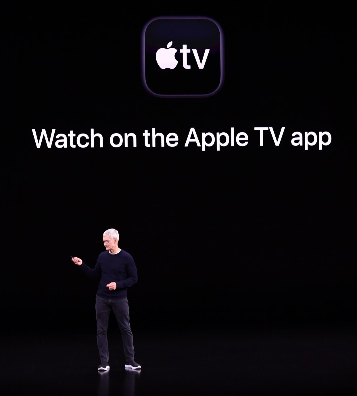 Apple CEO Tim Cook introduces Apple TV plus during a product launch event. (Photo by Josh Edelson/AFP/Getty Images)