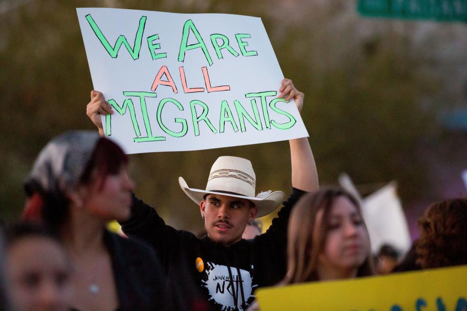 Hundreds joined Hope Border Institute, Ruben Garcia, director of Annunciation House, and members of diverse religious traditions as they gathered at San Jacinto on Thursday, March 21, 2024, to march to Sacred Heart Church in Downtown El Paso for a vigil for the human dignity of migrants and to commemorate the anniversary of the fire in the immigration detention in Ciudad Juárez.