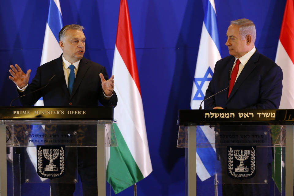 Hungarian Prime Minister Viktor Orban, left, and Israeli Prime Minister Benjamin Netanyahu attend a press conference after their meeting in Jerusalem, Tuesday, Feb. 19, 2019. (AP Photo/Ariel Schalit, Pool)