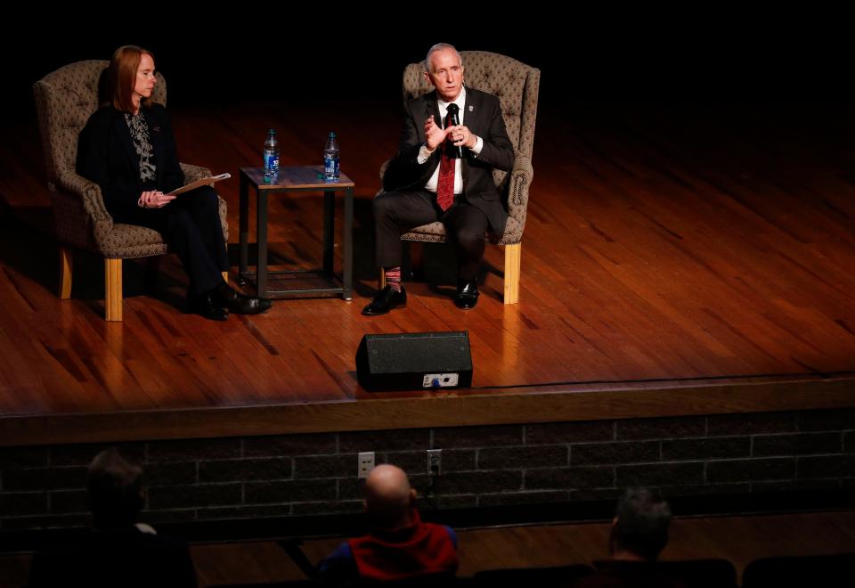 John Jasinski, a finalist for the Missouri State University president job, answers questions at a forum in the Plaster Student Union auditorium on Tuesday, Feb. 27, 2024.