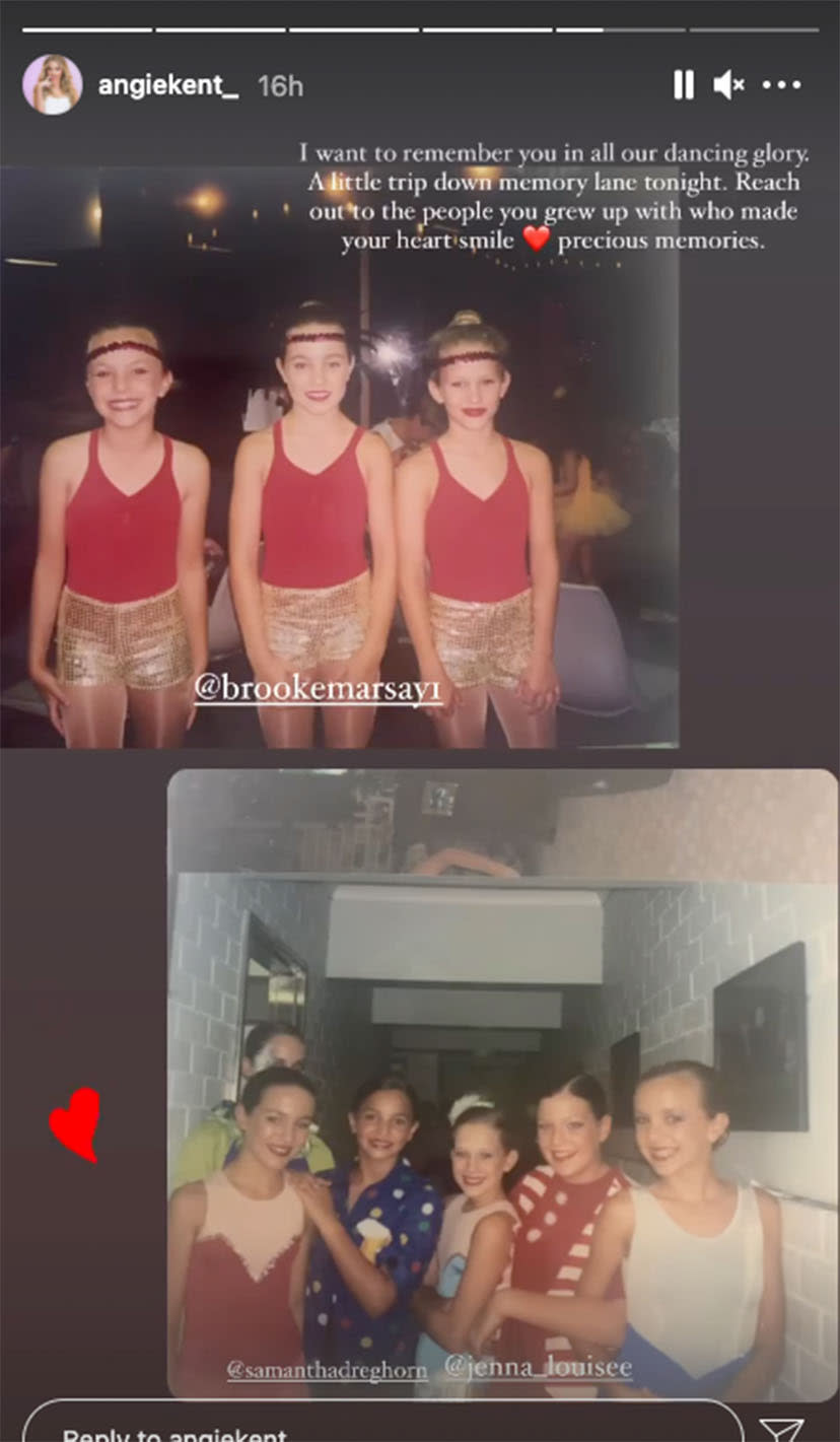 A screenshot of photos and a written message on Angie Kent's Instagram Stories