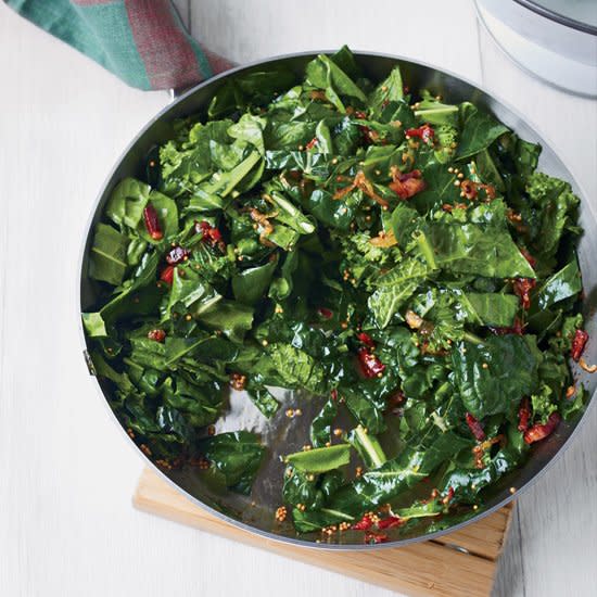 Sautéed Spring Greens with Bacon and Mustard Seeds
