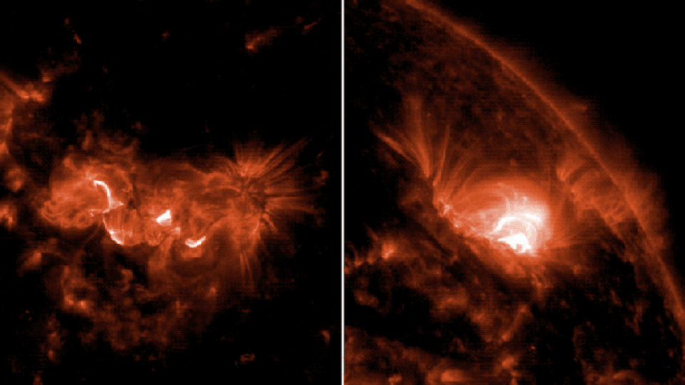 <div>NASA’s Solar Dynamics Observatory captured these images of the solar flares — as seen in the bright flashes in the left image (May 8 flare) and the right image (May 7 flare). The image shows a subset of extreme ultraviolet light that highlights the extremely hot material in flares and which is colorized in orange. (NASA/SDO / NOAA)</div>