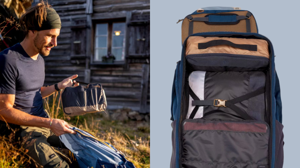 man outside with backpack and Forclaz Set of Three Travel Organizers (photos via Decathlon)