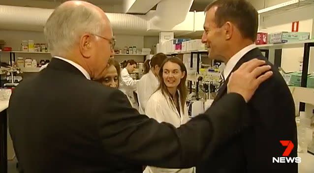 Ex-PM John Howard talks with Tony Abbott, back when he had Sussan Ley's old job. Photo: 7 News