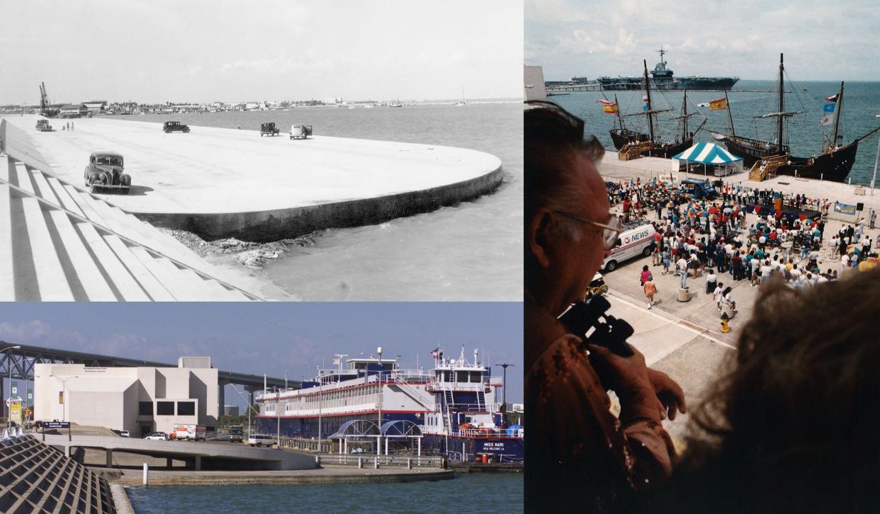 TOP LEFT: Doc McGregor shot this image of the city's barge dock in August 1941. The dock was open for use, though still under construction and was built to take advantage of the traffic from the soon-to-open Intracoastal Waterway. BOTTOM LEFT: The River Explorer at the city barge dock on Jan. 17, 2000, was a 99-room hotel barge leading nature tours of the Intracoastal Waterway. RIGHT: People watch from the second floor of the Bayfront Plaza Auditorium as a dedication ceremony is held at the city barge dock for the three Columbus ship replicas on June 12, 1993.