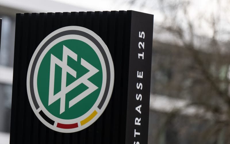 The logo of the German Football Association (DFB) is seen in front of the DFB campus. Boris Roessler/dpa