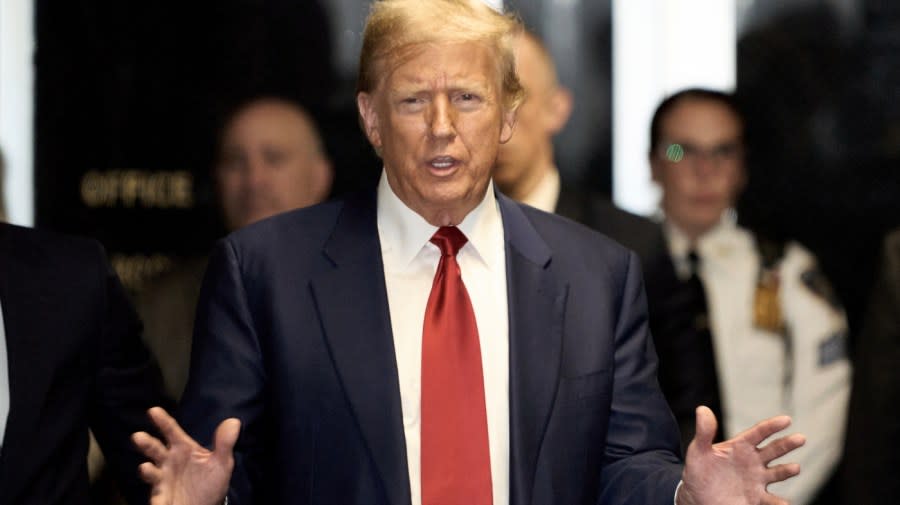 Former U.S. President Donald Trump makes comments following a pre-trial hearing in a hash money case in criminal court on March 25, 2024 in New York City.