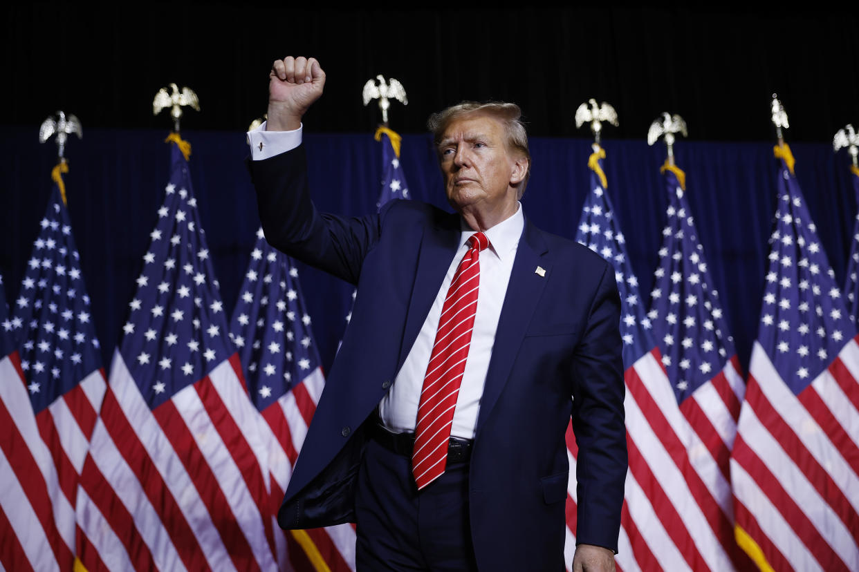 ROME, GEORGIA - MARCH 09: Republican presidential candidate and former U.S. President Donald Trump leaves the stage a the conclusion of a campaign rally at the Forum River Center March 09, 2024 in Rome, Georgia. Both Trump and President Joe Biden are holding campaign events on Saturday in Georgia, a critical battleground state, two days before the its primary elections. A city of about 38,000, Rome is in the heart of conservative northwest Georgia and the center of the Congressional district represented by Rep. Majorie Taylor Green (R-GA). (Photo by Chip Somodevilla/Getty Images)