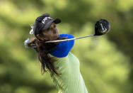 Paula Reto, from South Africa, watches her drive off the 3rd tee during the third round action at the CP Women's Open, Sunday, Aug. 28, 2022 in Ottawa. (Adrian Wyld/The Canadian Press via AP)