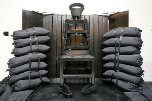 FILE - A chair sits in the execution chamber at the Utah State Prison on June 18, 2010, after Ronnie Lee Gardner was executed by firing squad in Draper, Utah. Idaho lawmakers passed a bill on March 20, 2023, that would authorize the use of firing squads if the state is unable to obtain drugs required for its lethal injection program. The bill will head to the desk of Idaho Gov. Brad Little next. (Trent Nelson/The Salt Lake Tribune via AP, Pool, File)