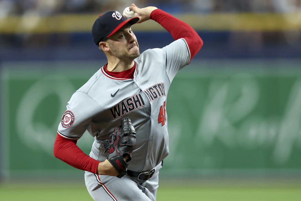 Washington Nationals starting pitcher Patrick Corbin throws against the Tampa Bay Rays during the first inning of a baseball game, Sunday, June 30, 2024, in St. Petersburg, Fla. (AP Photo/Mike Carlson)