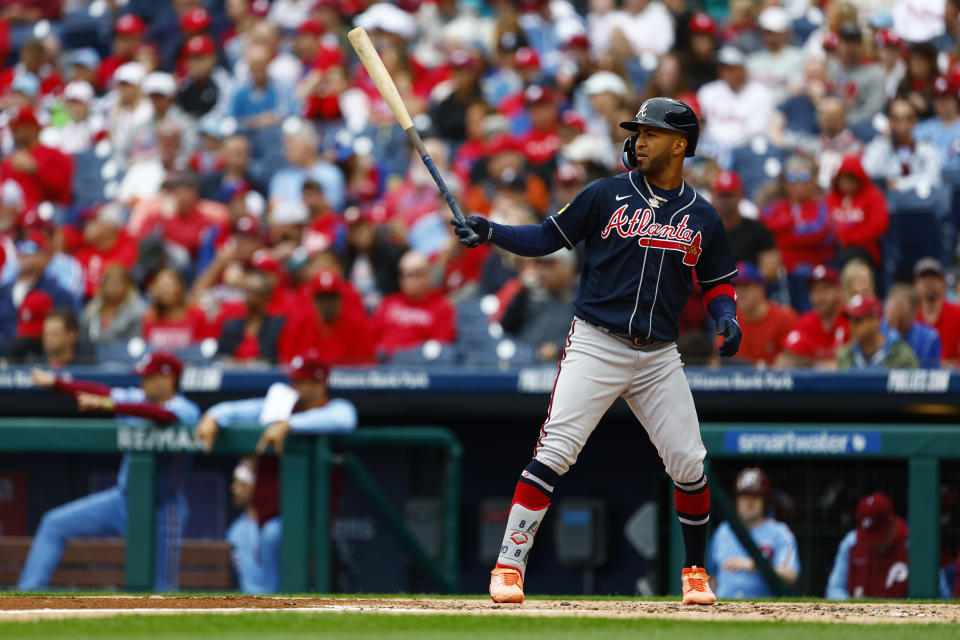 PHILADELPHIA, PENNSYLVANIA - JUNE 22: Eddie Rosario #8 of the Atlanta Braves in action against the Philadelphia Phillies during a game at Citizens Bank Park on June 22, 2023 in Philadelphia, Pennsylvania. The Braves defeated the Phillies 5-1. (Photo by Rich Schultz/Getty Images)
