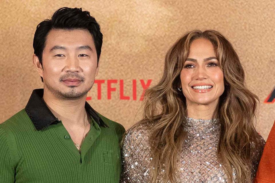 <p>ISAAC ESQUIVEL/EPA-EFE/Shutterstock </p> Simu Liu and Jennifer Lopez attend 