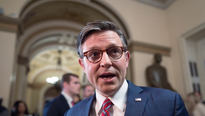 House Speaker Mike Johnson, R-La., talks to reporters just after lawmakers pushed a $95 billion national security aid package for Ukraine, Israel and other U.S. allies closer to passage, at the Capitol in Washington, Friday, April 19, 2024.