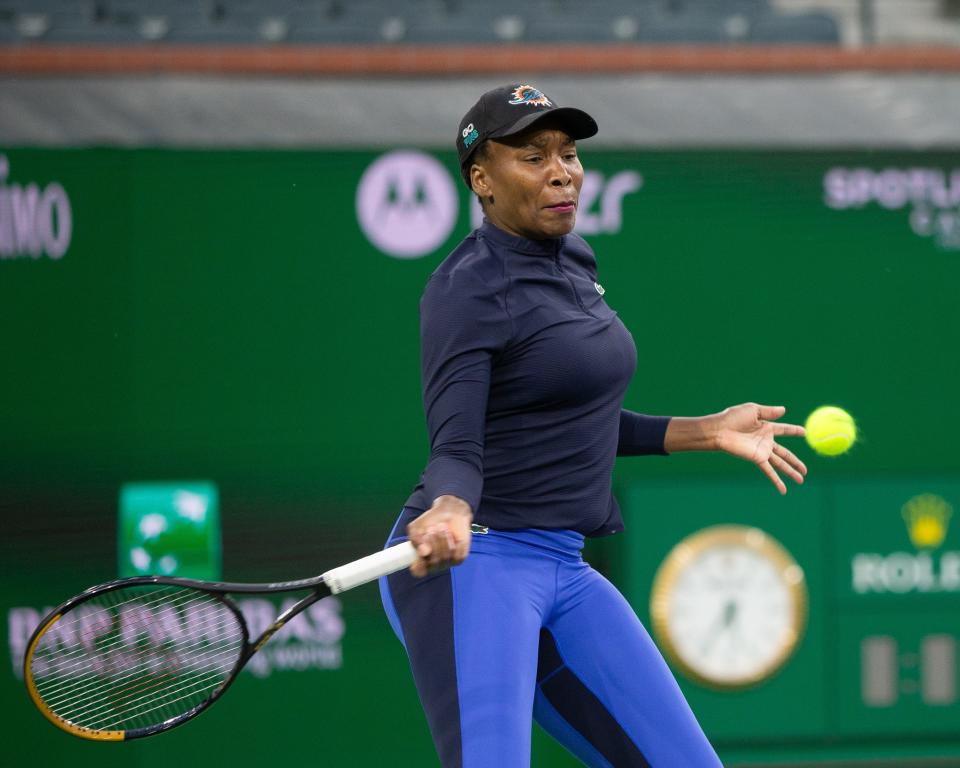 Venus Williams practices on Stadium 1 ahead of her opening match at the BNP Paribas Open tournament in Indian Wells Tennis Garden on March 4, 2024.