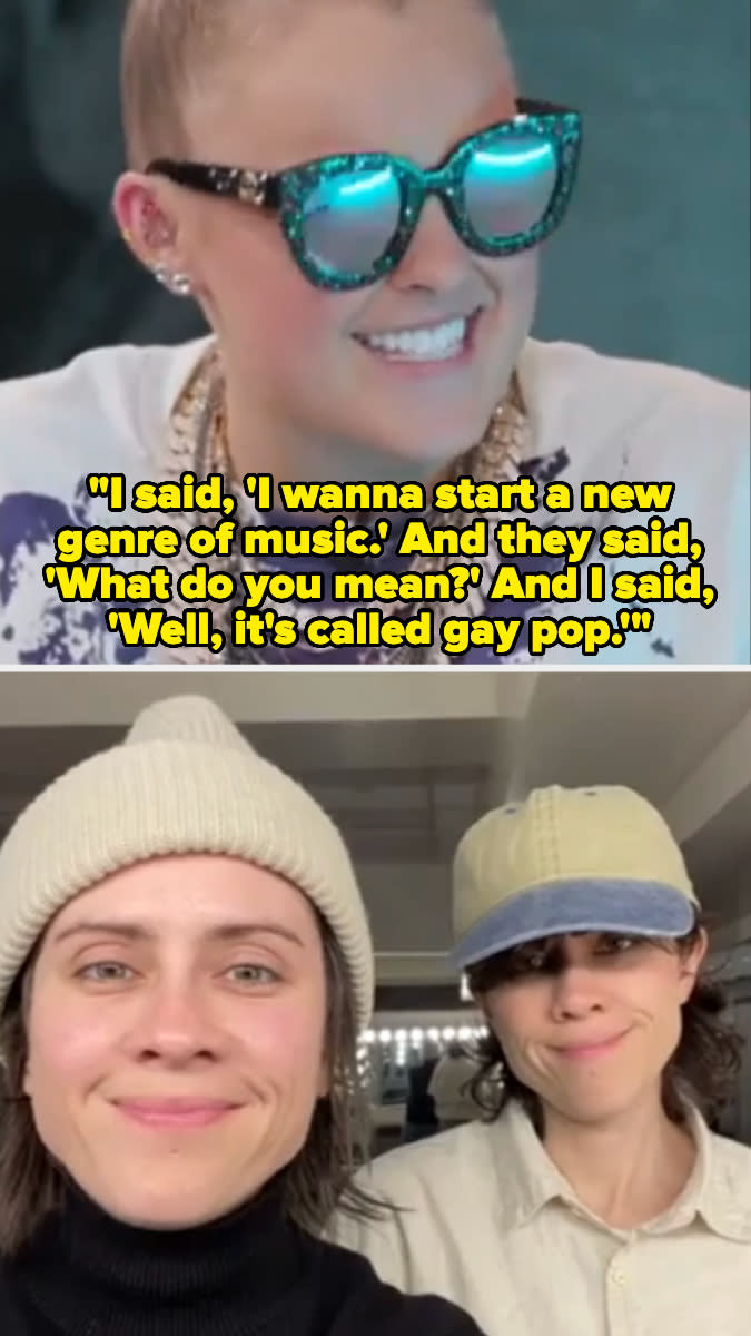 Top: JoJo Siwa smiles in large sunglasses with a quote about creating "gay pop." Bottom: Tegan and Sara pose for a selfie, both wearing beanies