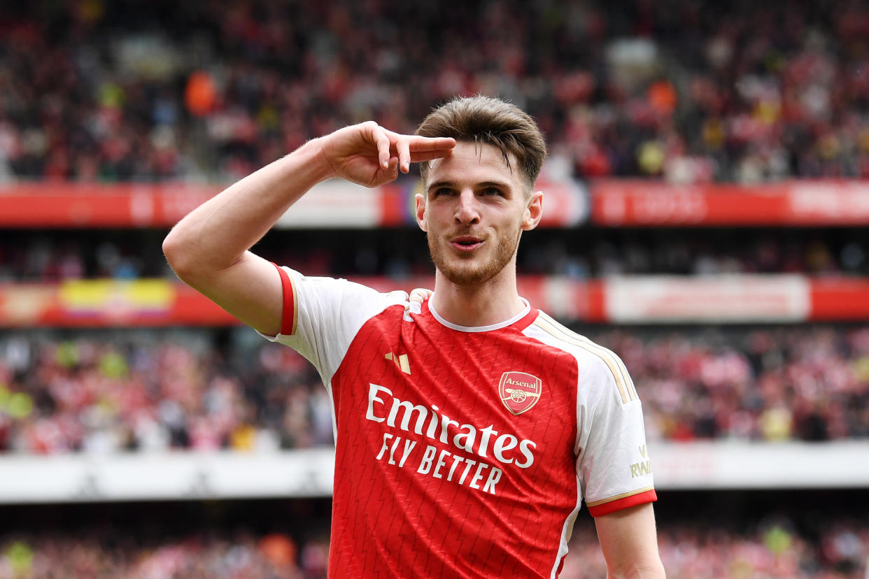 Arsenal midfielder Declan Rice celebrates after scoring against Bournemouth in the English Premier League. 