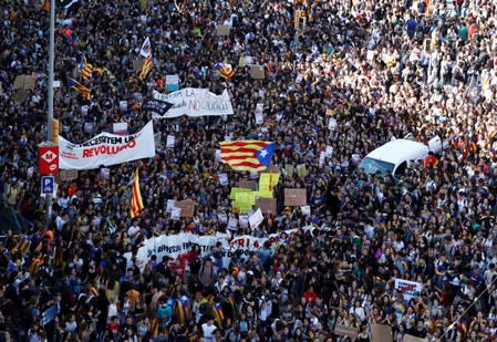 People gather for a protest in Barcelona