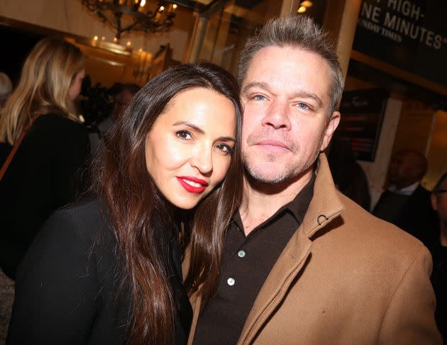 Matt Damon and his wife, Luciana Barroso, attend opening night of the play 