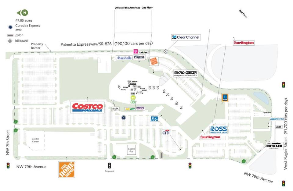 The 2024 site plan for the Midway Crossings mall at 7995 W. Flagler Street, according to management company Sterling Organization. Aldi, within short walking distance from the Ross and Burlington, opens in the summer of 2024. A Micro Center computer and technology store is under construction around the corrner from the nearly complete Aldi.