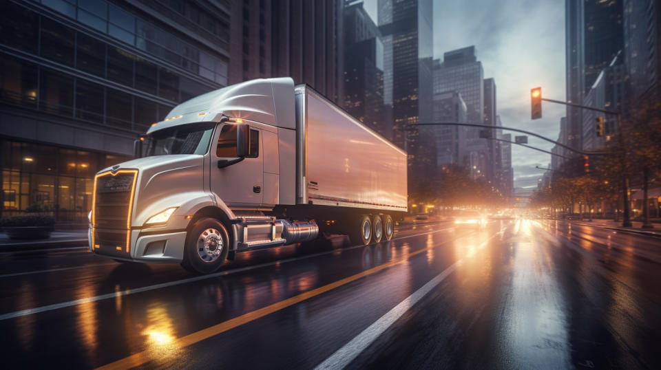 A view inside an energy delivery truck driving through a busy city street.