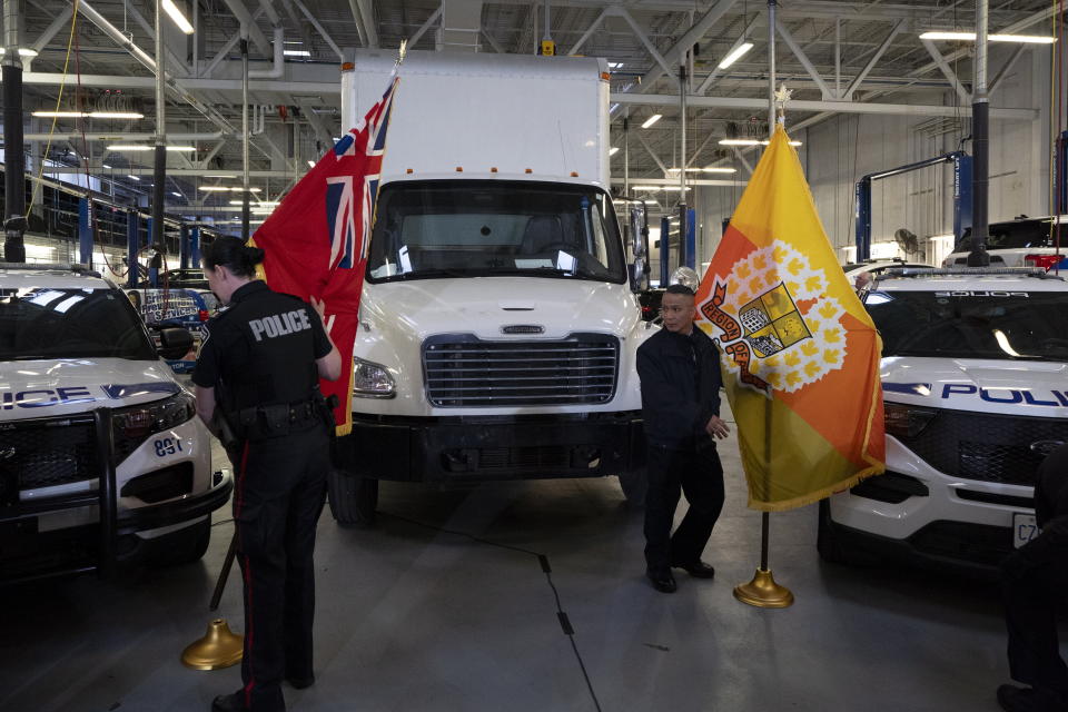 A truck used to transport stolen gold is displayed at a press conference regarding Project 24K a joint investigation into the theft of gold from Pearson International Airport, in Brampton, Ontario, on Wednesday, April 17, 2024. (Arlyn McAdorey/The Canadian Press via AP)