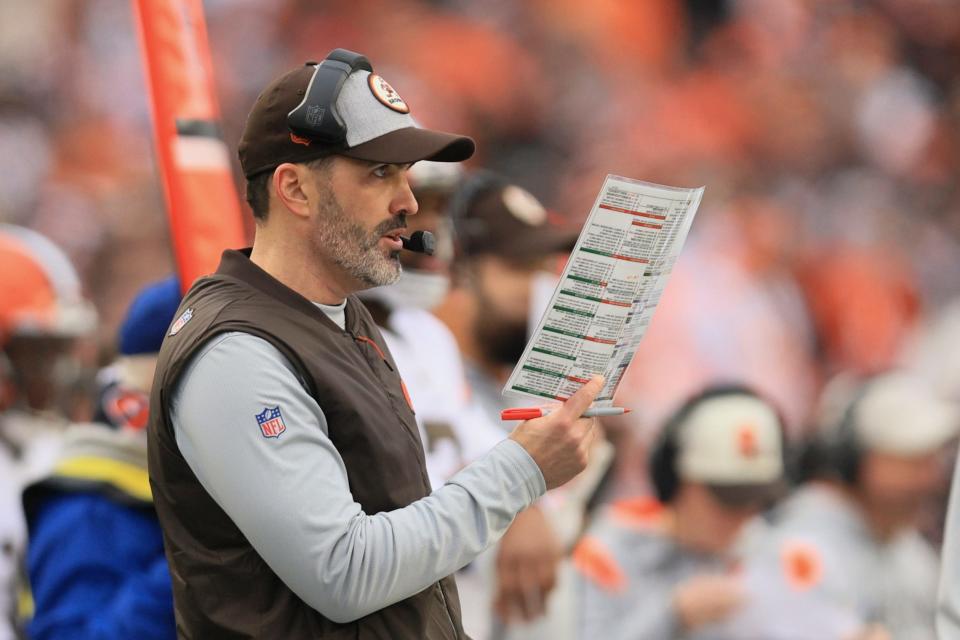 Cleveland Browns head coach Kevin Stefanski watches during the second half of an NFL football game against the Cincinnati Bengals, Sunday, Dec. 11, 2022, in Cincinnati. (AP Photo/Aaron Doster)