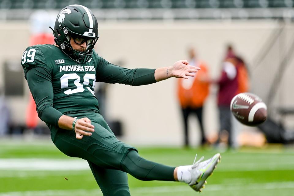 Michigan State's Bryce Baringer punts while warming up before the Spartans game against Minnesota during the first quarter on Saturday, Sept. 24, 2022, at Spartan Stadium in East Lansing.